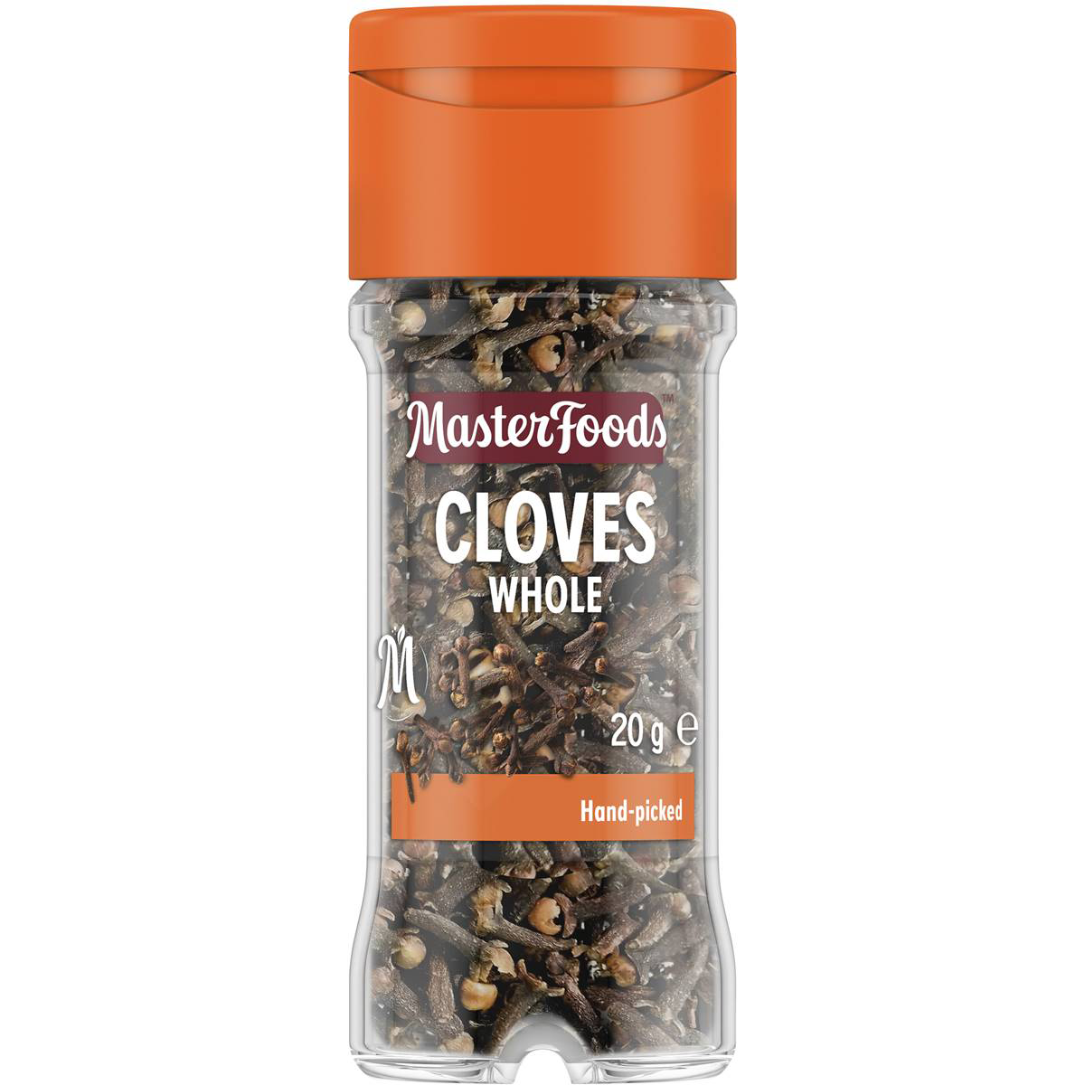 Whole cloves from Masterfoods, aromatic dried spice in a clear jar, used for cooking and baking.