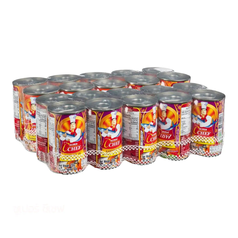 Super C Chef Sardines in fermented fish spicy salad sauce, 155g, dry grocery product with sardines and spicy sauce in a can.