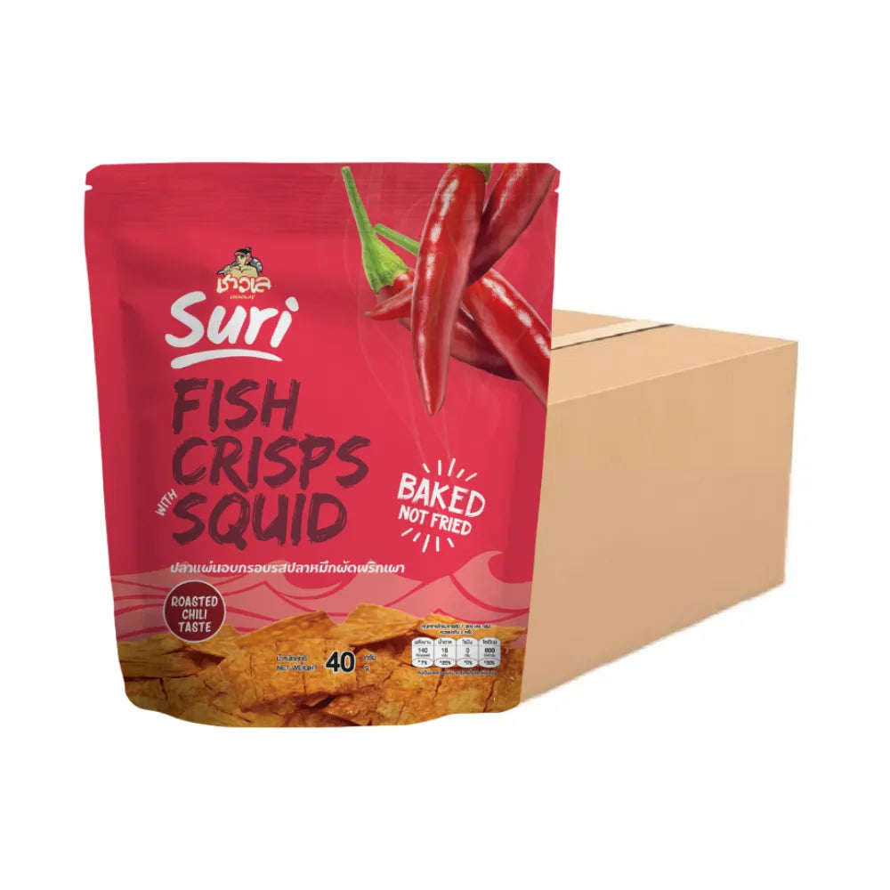 Chaolay Fish Crisps with Squid snacks, 40g packs, featuring crispy seafood snacks in a colorful package.