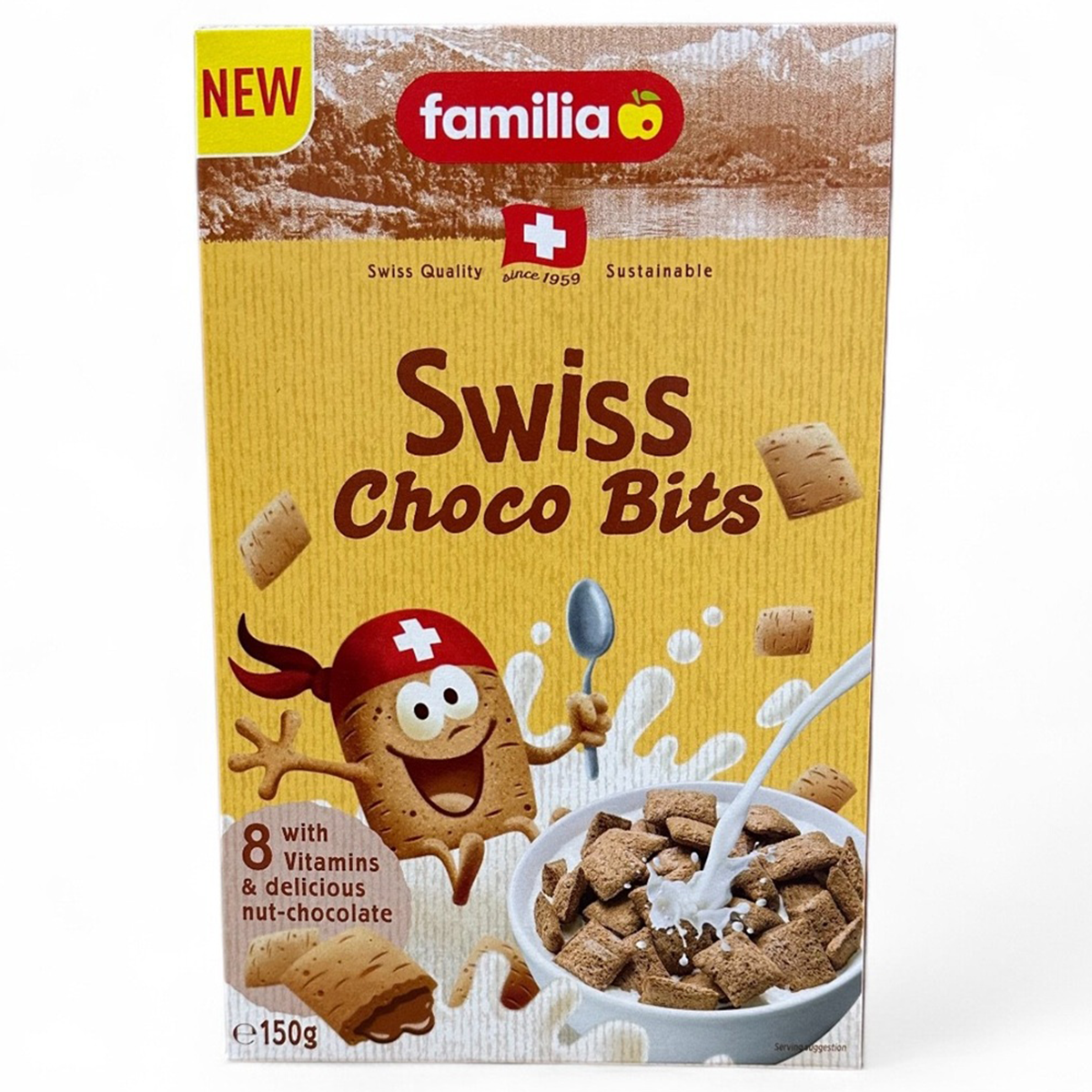 Familia Muesli Choco Bits in a bowl, showing crunchy muesli with chocolate pieces, ideal for breakfast or snacks.