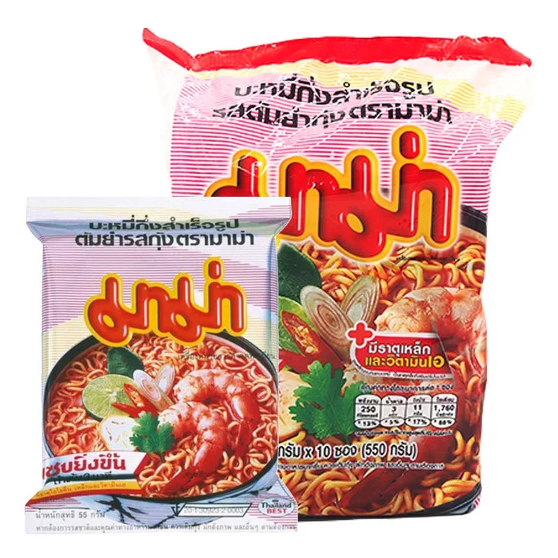 MAMA Mama Instant Noodles Tom Yum Kung 55g dry grocery, showing a bowl of spicy shrimp-flavored instant noodles with herbs.