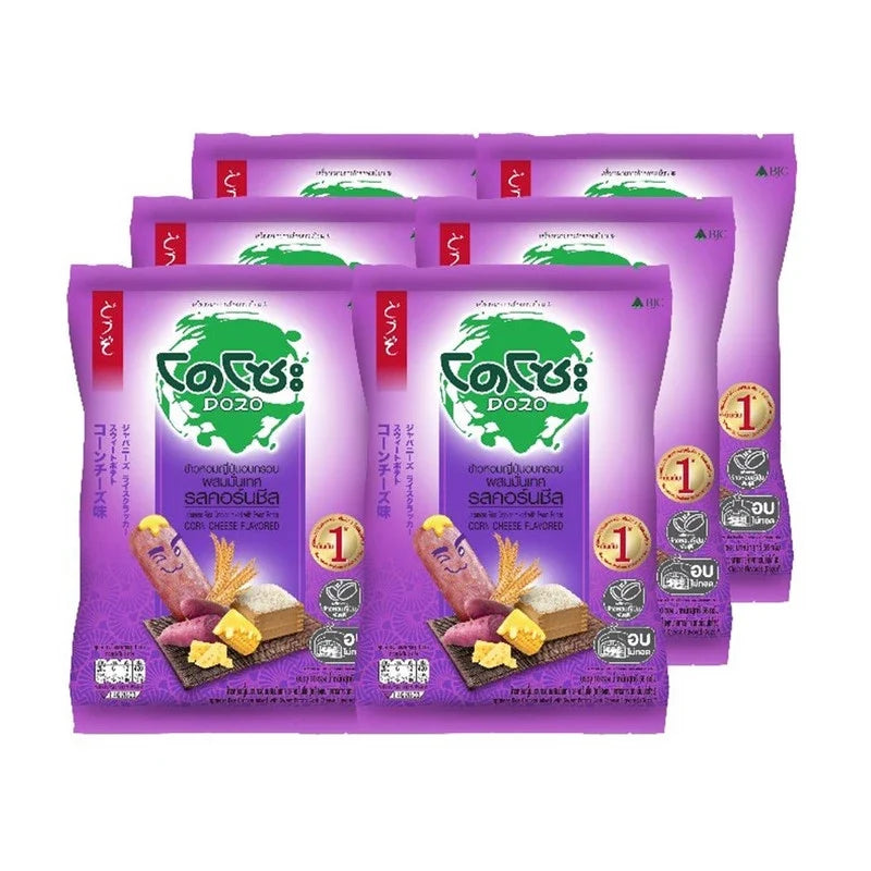 Dozo baked Japanese rice crackers with sweet potato, corn, and cheese, showing crispy snack snacks in a colorful package.