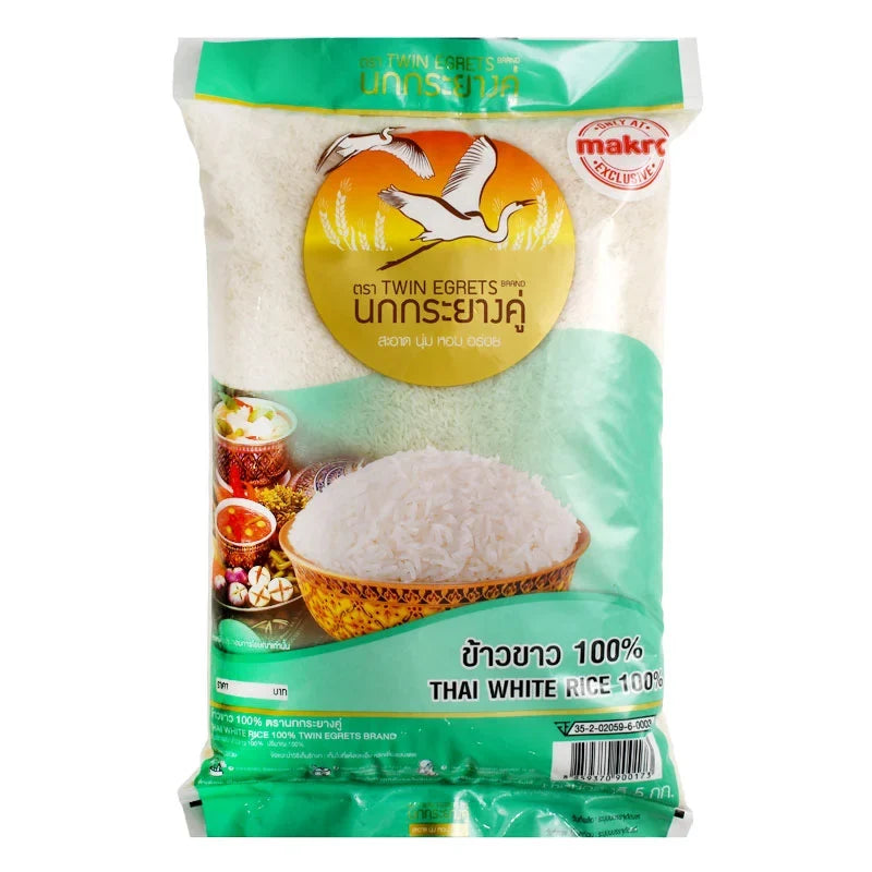 Twin Egrets White Rice 100% long grain dry grocery package, 5kg bag of premium rice from the TWIN EGRETS brand.
