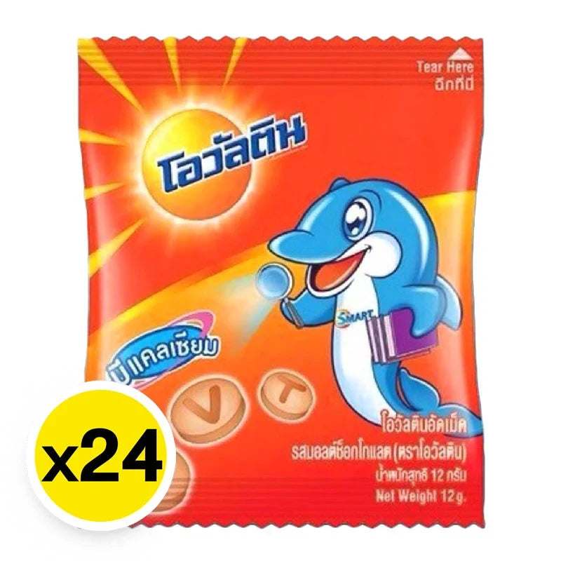Ovaltine Malt Chocolate Tablets in 12g packs, 24-count box, showing the chocolate-flavored malt tablets for dry grocery.