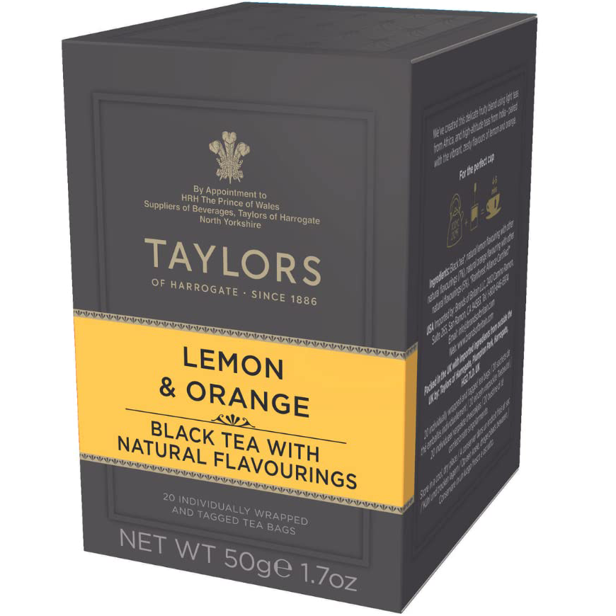 A glass of Taylors Lemon Orange Black Tea with citrus slices, showcasing the dark-colored tea in a clear glass.