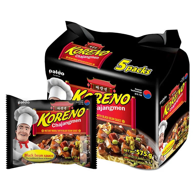 Paldo Koreno Chajangmen instant noodles in 115g packages, dry grocery product with noodles and seasoning listed on the packaging.