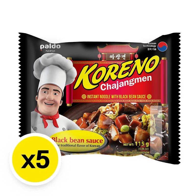 Paldo Koreno Chajangmen instant noodles in 115g package, showing the dry noodle product from the PALDO brand.