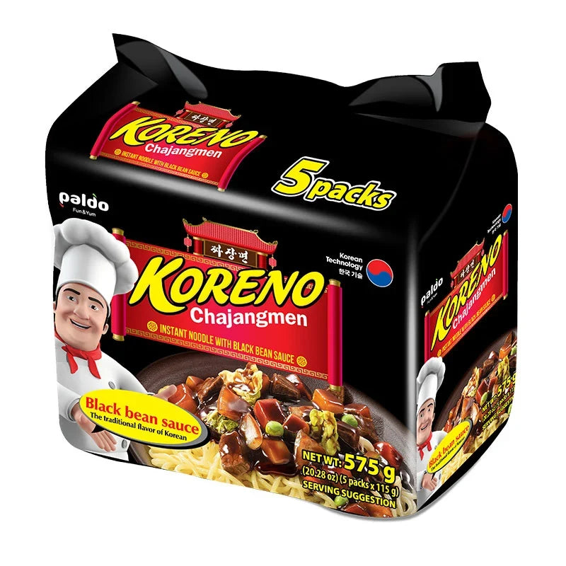 Paldo Koreno Chajangmen instant noodle package, 115g x5, dry grocery product with colorful branding and packaging design.