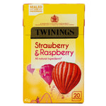 Twinings Strawberry & Raspberry tea bags, pack of 20, with fresh fruit-flavored herbal tea in a sealed box.