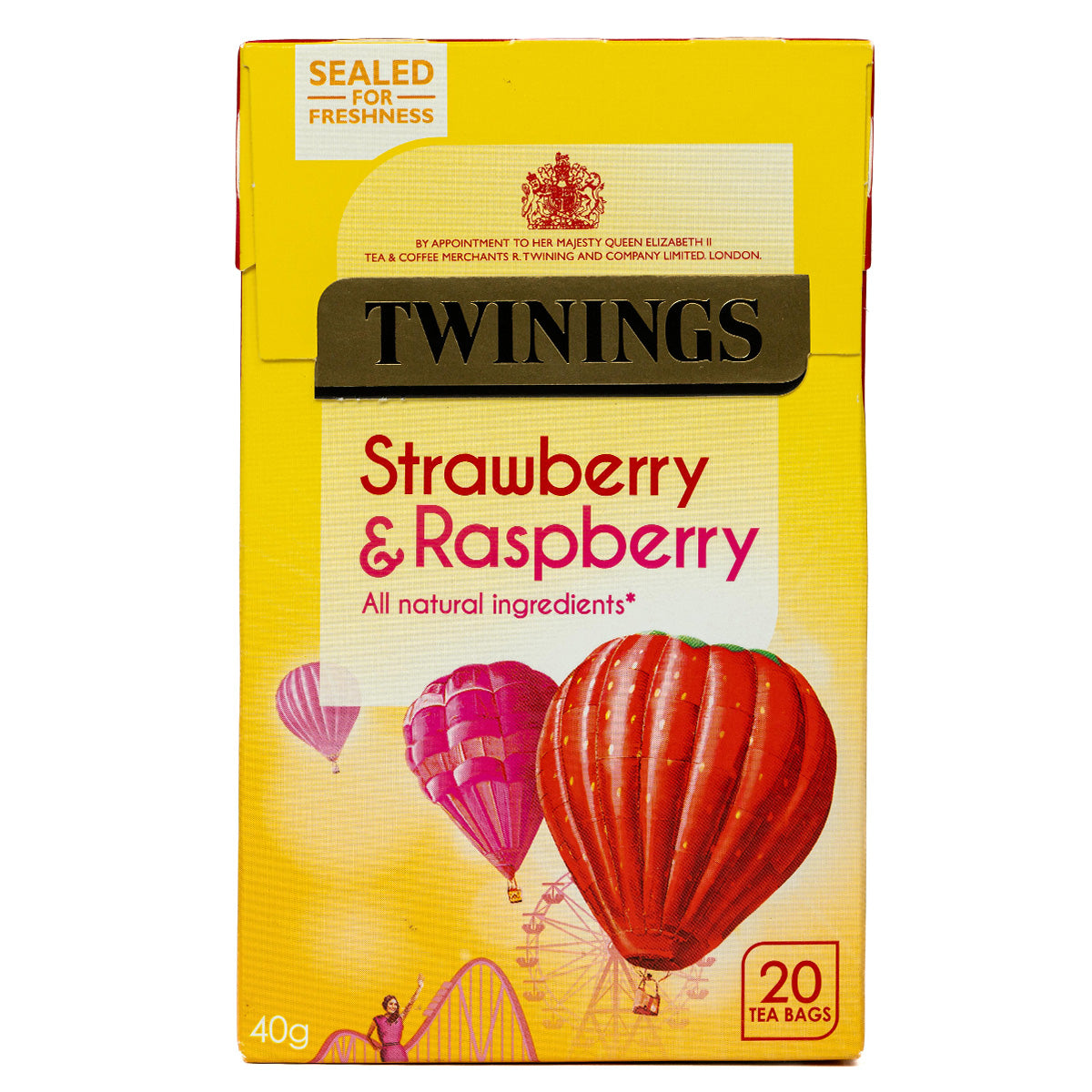 Twinings Strawberry & Raspberry tea bags, pack of 20, with fresh fruit-flavored herbal tea in a sealed box.