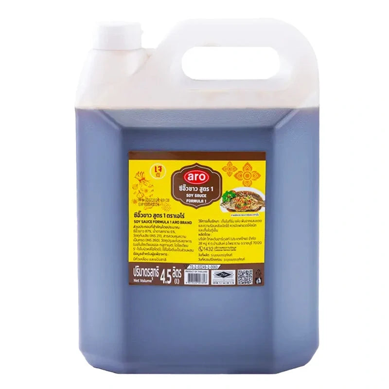 Bottle of ARO Soy Sauce 4.5L for cooking and seasoning, with a dark soy sauce liquid visible in the clear plastic bottle.