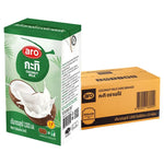 A box of 12 ARO Coconut Milk 1L cartons, dry grocery product, with coconut milk cartons stacked in a retail display.