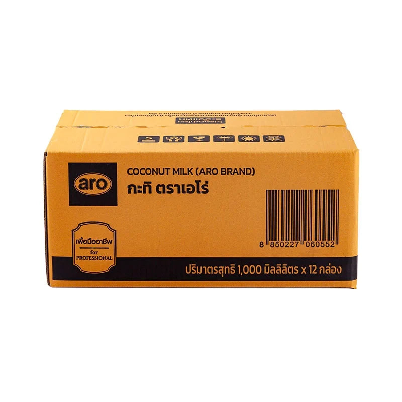 A 1L carton of ARO Coconut Milk in a pack of 12, showing the ARO brand label and coconut milk packaging.