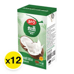 A box of 12 ARO Coconut Milk 1L cartons, dry grocery product with white cartons featuring coconut images and branding.