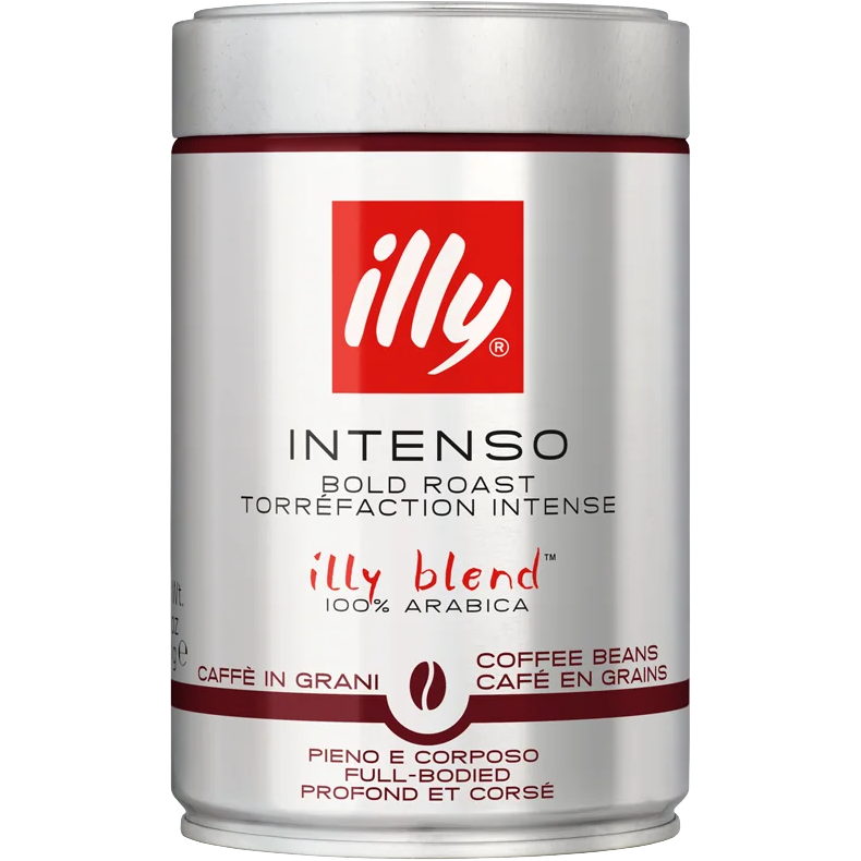 Illy dark roast coffee beans in a glass jar, showcasing their rich, oily surface and deep brown color for a flavorful brew.