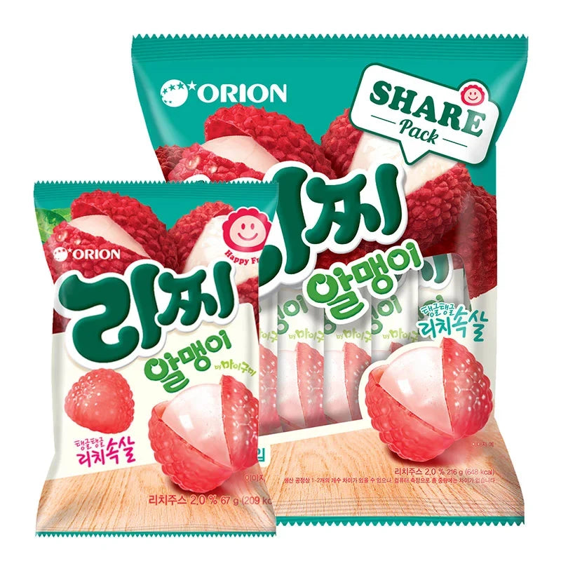 Orion Lychee Ball Jelly snack in 216g pack, featuring colorful lychee-flavored chewy candies in a clear bag.