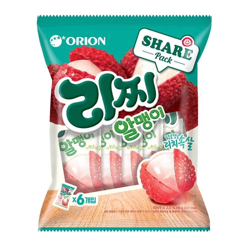 Orion Lychee Ball Jelly snack in 216g package, showing colorful lychee-shaped jelly balls in a clear container.