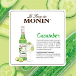 Bottle of MONIN Cucumber Syrup in 700ml size, showing the label and clear plastic bottle for use in beverages and cocktails.