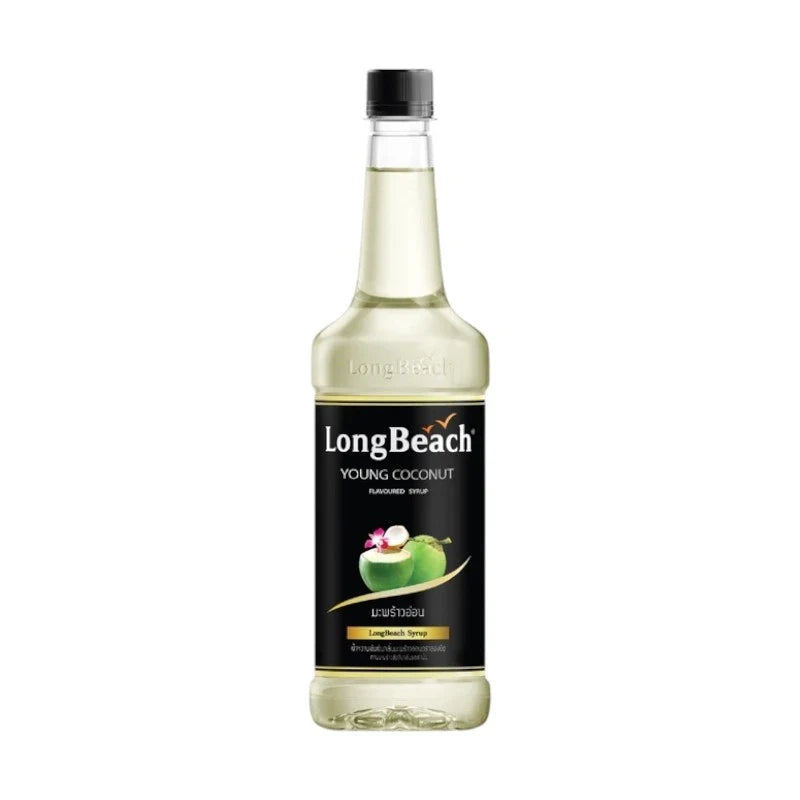 LongBeach Young Coconut Syrup in a 777cc bottle, ideal for dry grocery use, with a clear label and coconut flavor details.