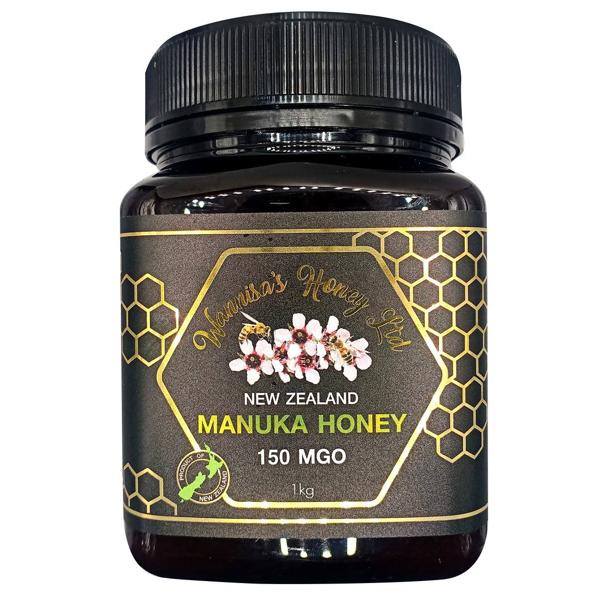 Jar of Wannisa Manuka Honey from New Zealand, rich and golden, in a grocery product image showcasing the honey's smooth texture