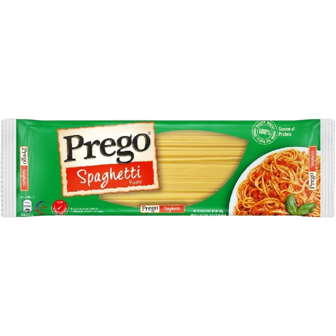 A close-up of Prego Spaghetti Pasta in a clear package, showcasing long, thin pasta strands ready for cooking.