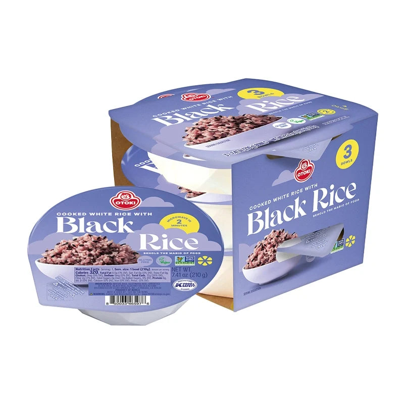 Otoki cooked black rice in 210g packages, stacked in a box, ready for cooking, part of Otoki dry grocery range.