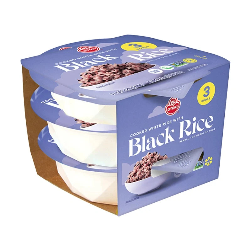 Otoki cooked black rice in 210g packs, displayed in a row, with the brand name Otoki visible on the packaging.