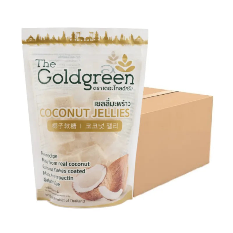 Golden coconut jelly candies from THE GOLDGREEN in 200g package, showing shiny, translucent coconut-flavored confectionery pieces.
