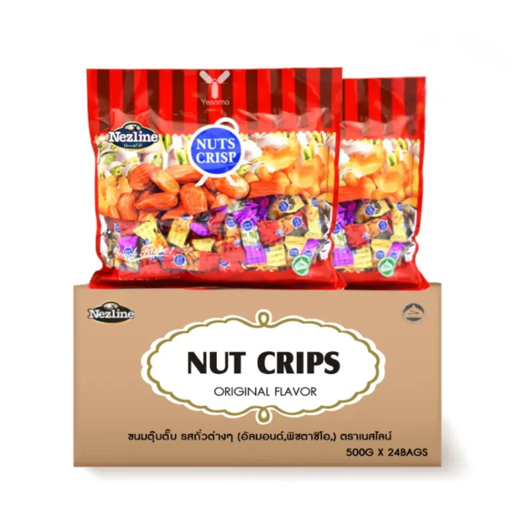 NEZLINE Nuts Crisps 500g pack, dry grocery snack with crunchy nut-based confectionery, shown in a colorful package.