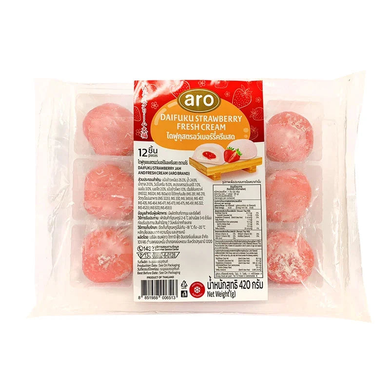ARO Daifuku Strawberry Cream snack, showing soft mochi filled with strawberry cream in 420g package.