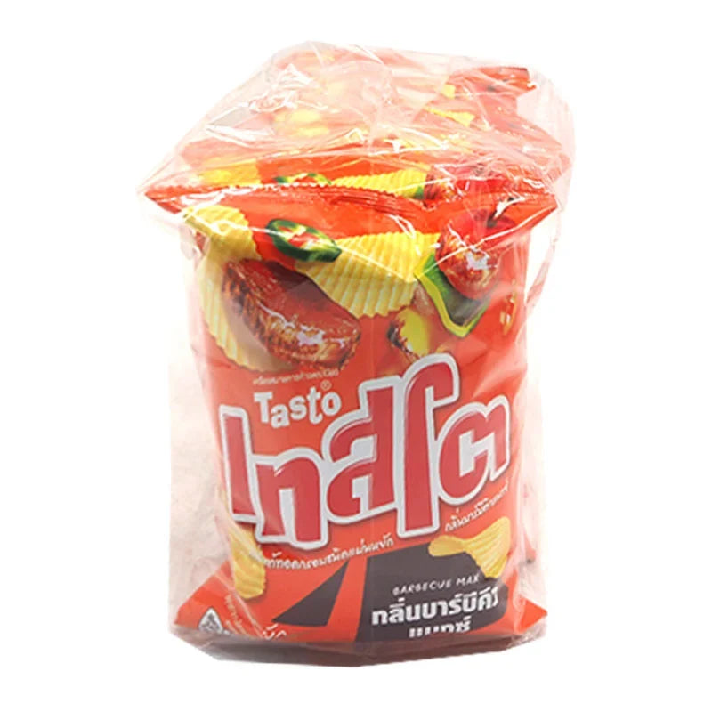 Tasto Potato Rock Chips BBQ flavor in 42g packs, stacked in a box, crispy snack from Tasto brand.