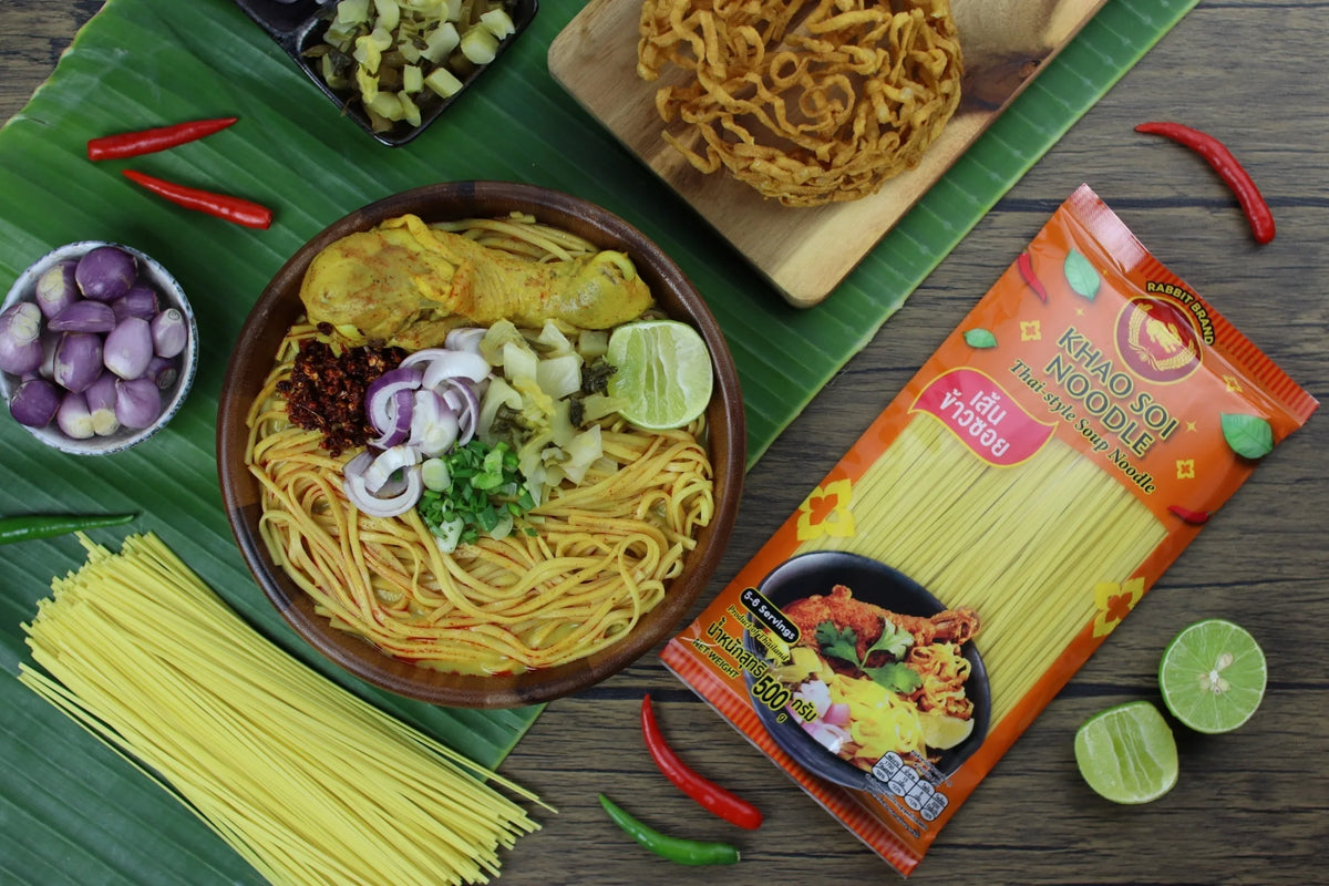 Dry grocery image of Rabbit Brand Khao SOI Noodles package, showcasing the traditional Thai noodle product with colorful packaging.