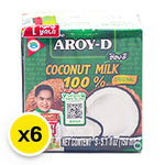 Aroy-D coconut milk in 150ml cans, six-pack, featuring creamy white coconut milk in sealed metal cans for cooking or baking.