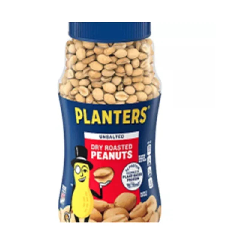 PLANTERS dry roasted unsalted peanuts in a 453g bag, shown in a multi-pack, perfect for snacks and healthy eating.
