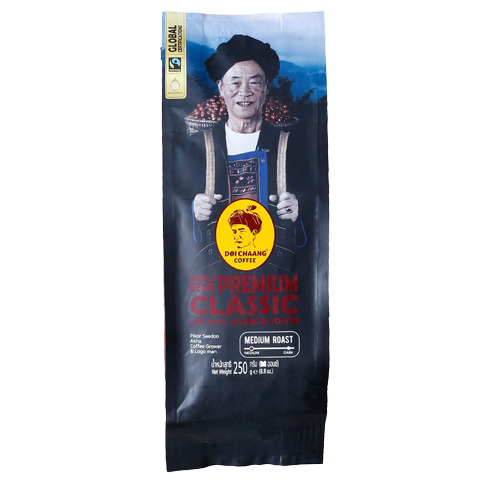 Doi Chaang Whole Bean Premium Classic coffee package, showcasing the brand's high-quality coffee beans for brewing rich, flavorful drinks.