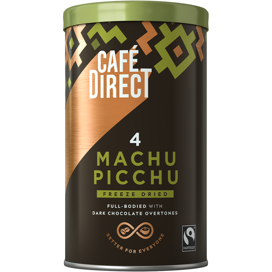 Cafedirect Machu Picchu instant coffee drink in a glass mug with coffee grounds and a spoon on a wooden surface