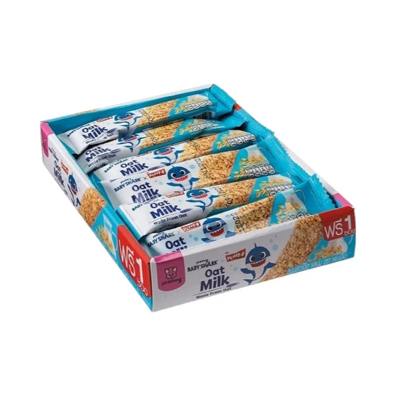 Pennyo Oatmeal Snacks with Baby Shark Milk Flavor, 15g x 24 packs, in a colorful snack box with individual snack packages.