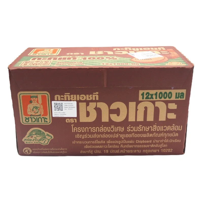 Coconut milk carton from CHAOKOH, 1L bottle, commonly used in cooking, shown in a pack of 12 for dry grocery shopping.