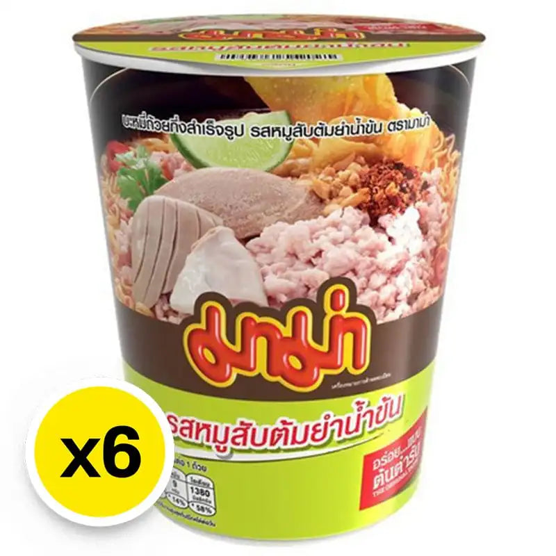 Mama Cup Instant Noodle Creamy Tom Yum Pork, 60g x6, dry grocery product with creamy Tom Yum flavor in a convenient cup.