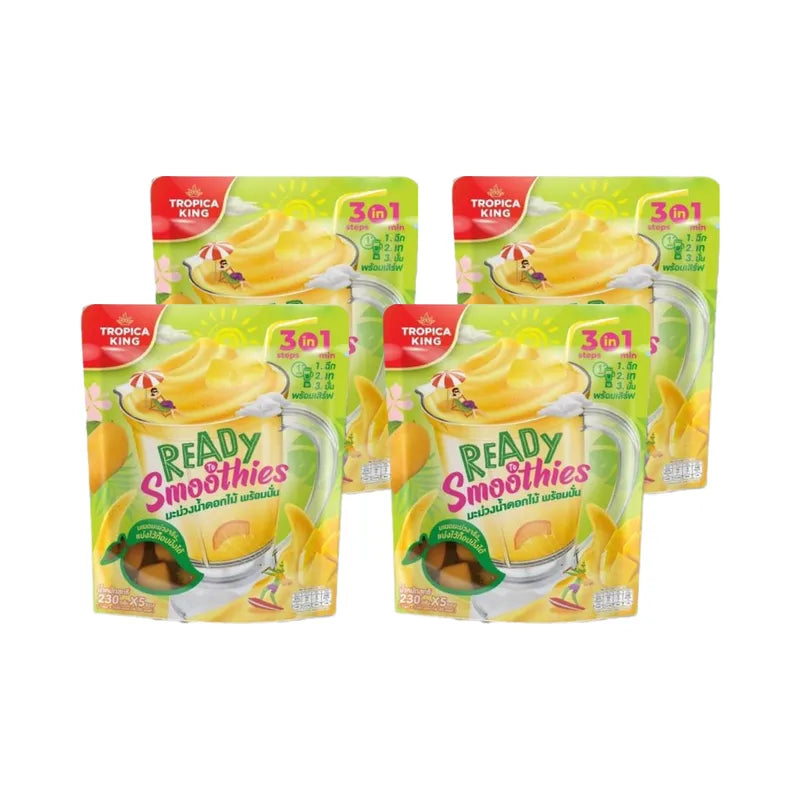 TROPICA KING Nam Dok Mai mango ready-to-blend packs, 230g x4, dry grocery product with fresh, ripe mango slices for smoothies or desserts.