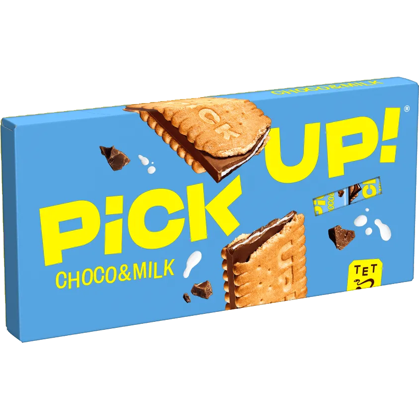 Bahlsen Pickup Choco & Milk confectionery snacks featuring chocolate and milk-flavored treats in a colorful package.