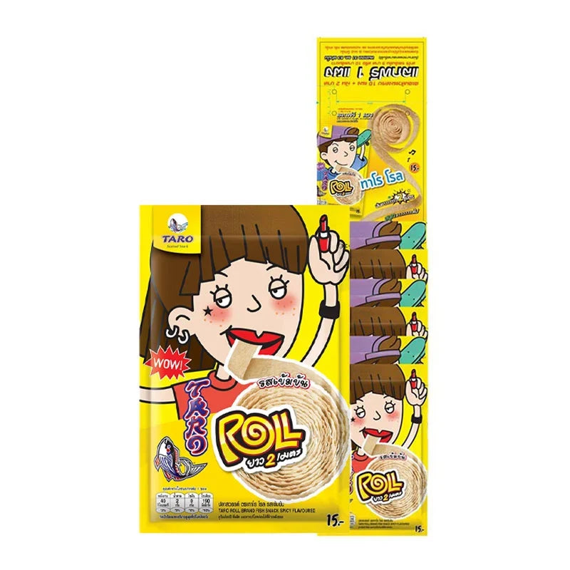 Spicy Taro Roll Fish Snack by TARO, hanging dry grocery snack with crispy texture, 13g package of confectionery treat.