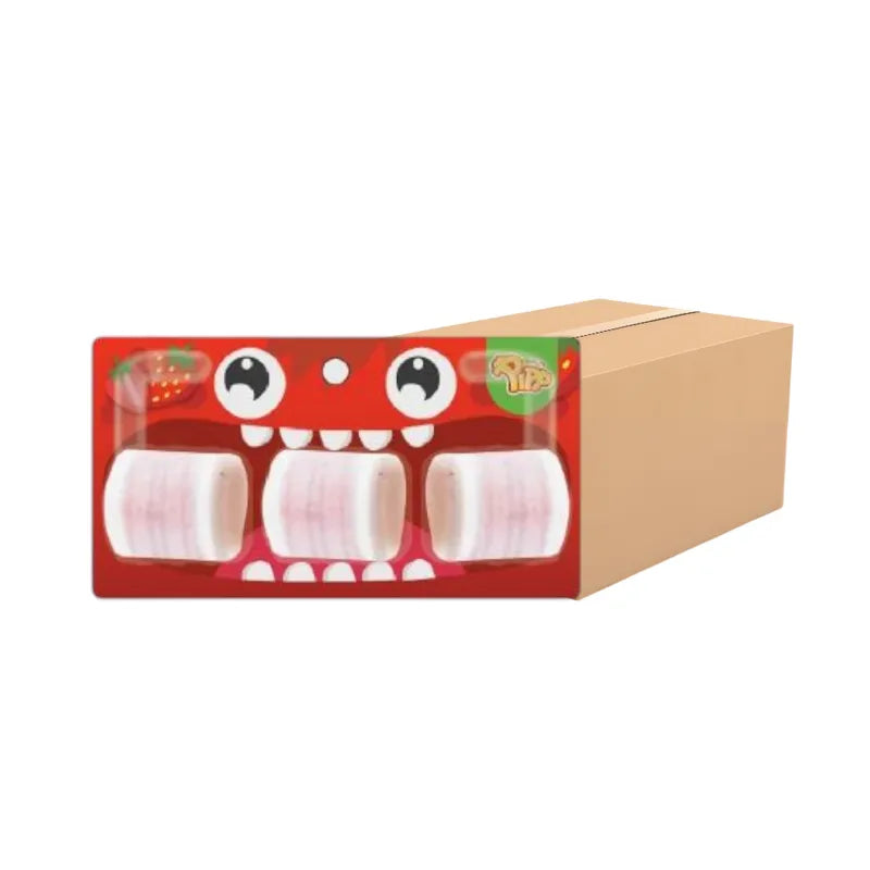 Pipp Gummy Roll Strawberry flavor pack, 21g x12 pieces, display of colorful strawberry gummy candies in a clear package.