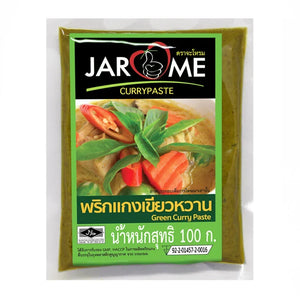 Jarome Green Curry Paste 100g jar, dry grocery product with green herbs and spices in a compact container.