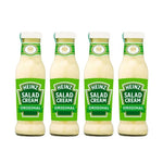 Heinz Salad Cream with rapeseed oil and vinegar, 285ml bottles, shown in a pack of four, for dry grocery use.