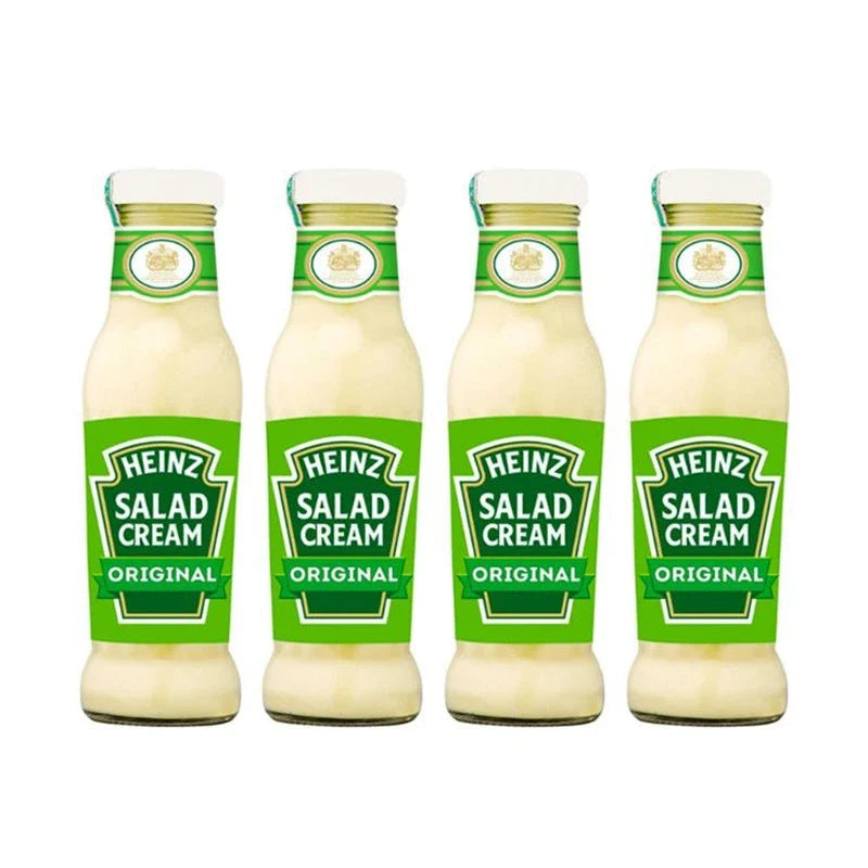Heinz Salad Cream with rapeseed oil and vinegar, 285ml bottles, shown in a pack of four, for dry grocery use.