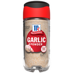 Jar of McCormick garlic powder with a clear label, showing the spice inside, on a white background.