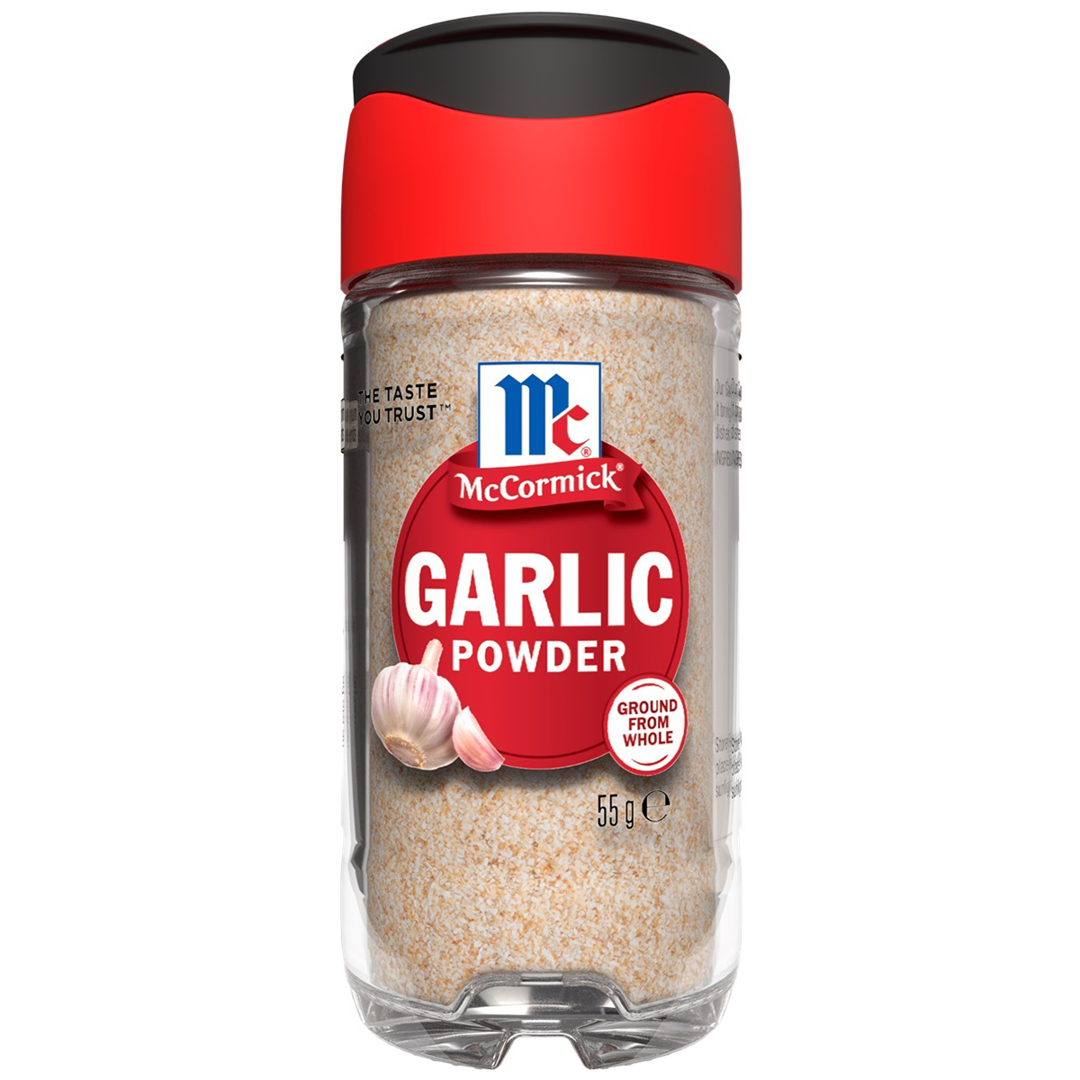 Jar of McCormick garlic powder with a clear label, showing the spice inside, on a white background.