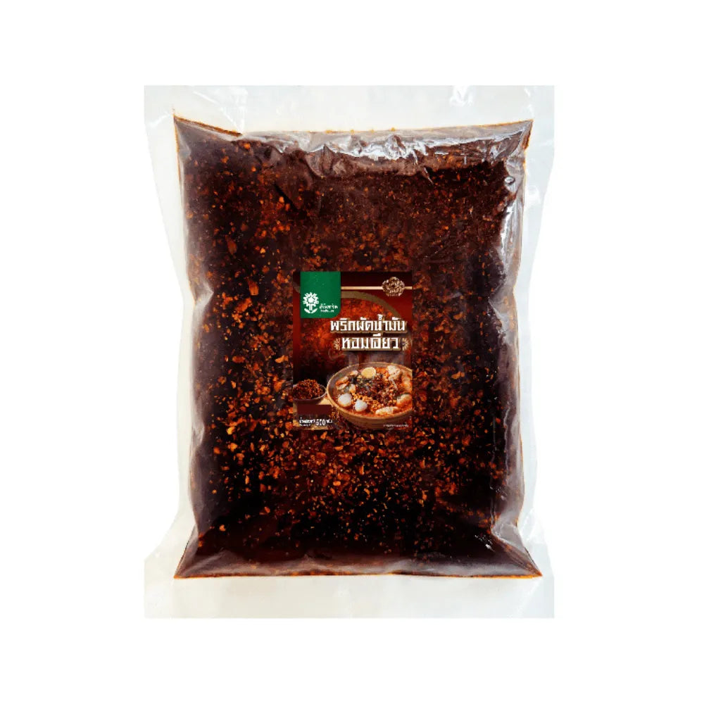 Tontawan Chili Stir-fried with Fragrant Oil 500g, dry grocery product showing spicy chili dish in a bowl with fragrant oil
