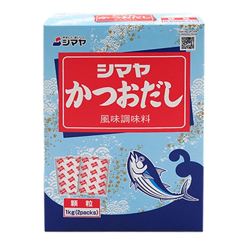 Shimaya Katsuo Dashi Karyu 1kg, dry Japanese cooking stock with dried bonito flakes in a clear bag.